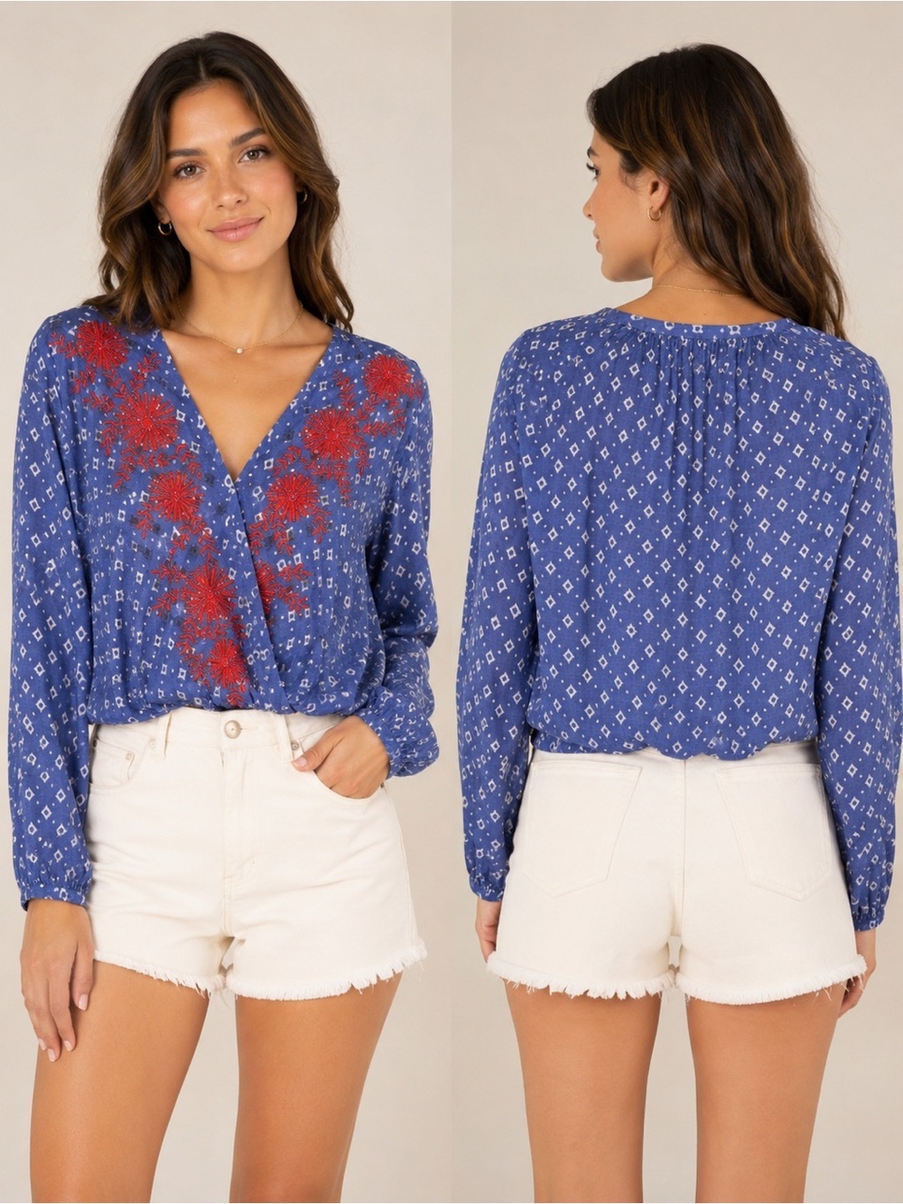 NWT Women's Chloe & Katie Boho Long Sleeve Embroidered Print Granola girl Scandi